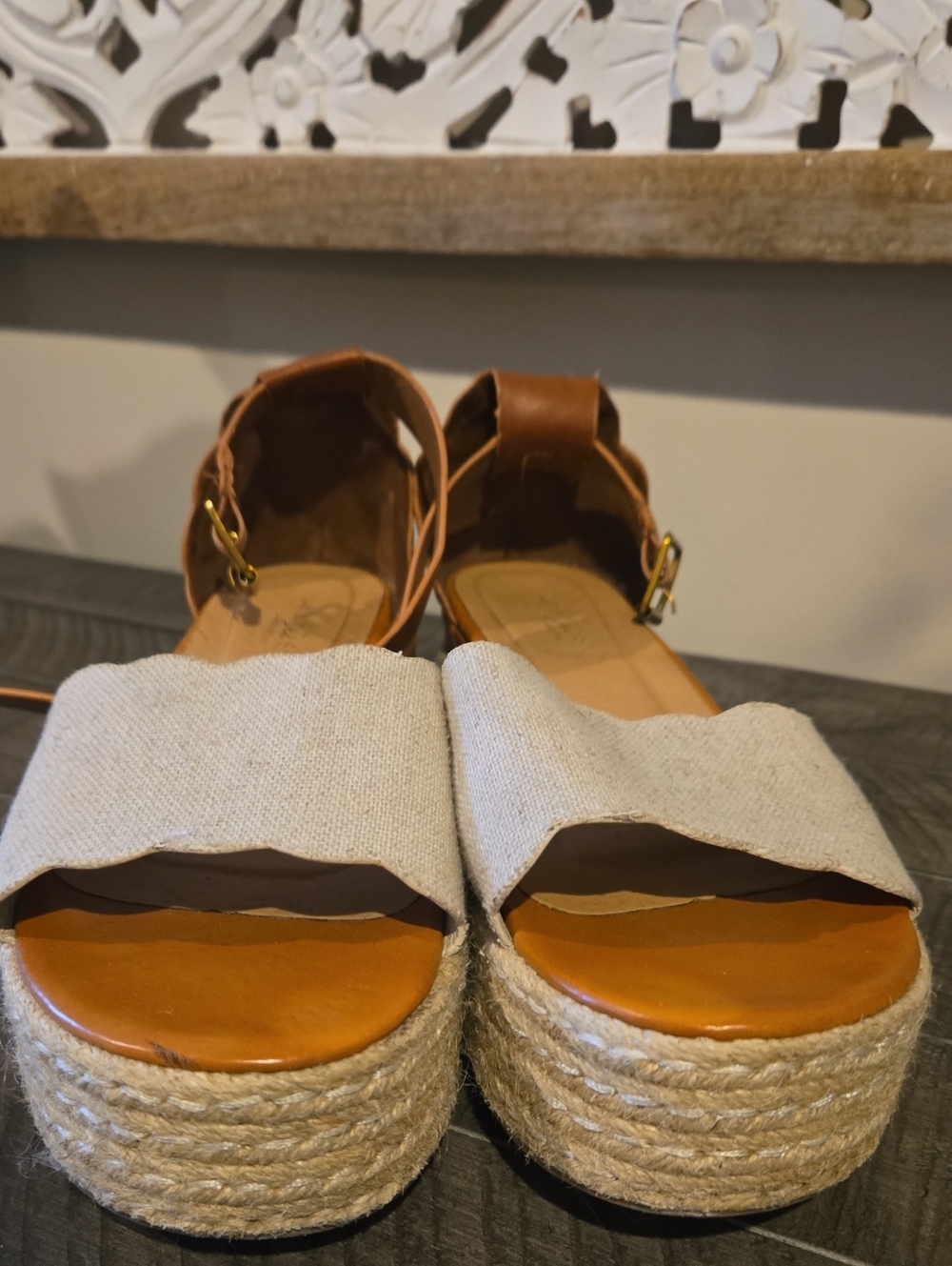 Platform Espadrille Sandals with Cream Scallop Strap and Tan Ankle - Picture 2 of 3